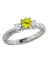 0.83 Ct Round Canary Diamond White Topaz 18K White Gold 3-Stone Ring