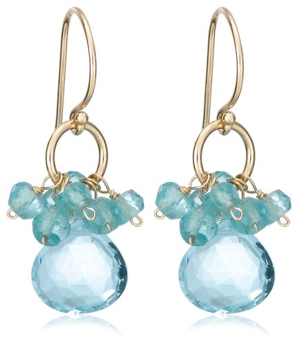14k Yellow Gold Blue Topaz Briolette Drop and Apatite Beaded Earrings