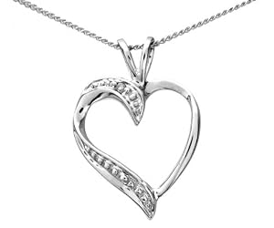 Romantic 9 ct White Gold Ladies Heart Diamond Pendant + Chain Princess Cut I-I1 - 18mm*13mm Chain 45 CM