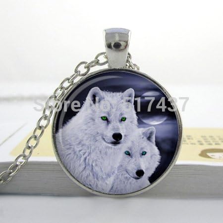 Pretty Lee Art Glass Pendant Snowwolf Necklace Couple Wolf Jewelry Animal Jewelry Glass Picture Cabochon Necklace