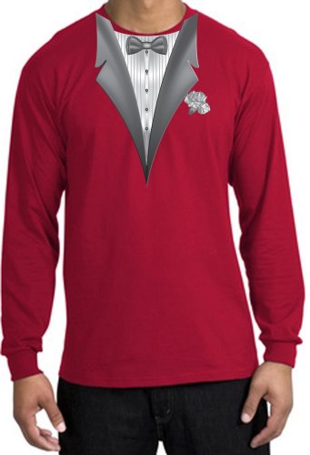 Cheap TUXEDO with WHITE FLOWER Tux Adult Long Sleeve T-Shirt – Red, 3XL