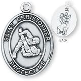 Sterling Silver Saint Christopher Mens-Boys Wrestling Medal and 24-inch Chain
