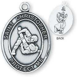 Sterling Silver Saint Christopher Mens-Boys Wrestling Medal and 24-inch Chain