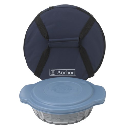 Anchor Hocking 3-Piece 2-Quart Sculpted Baking Dish with Slate Blue Plastic Lid and Blue Tote.