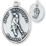 Sterling Silver Saint Christopher Ladies-Girls Field Hockey Medal and 18-inch Chain