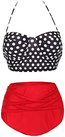 Cuteplus 50S Retro Vintage Floral Print High Waist Bikini SwimSuit for Women Girls (large, polka dot top+red pant)