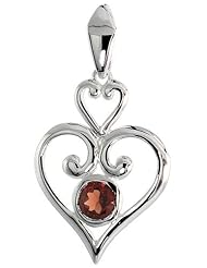 Sterling Silver Double Heart Pendant w/ Natural Garnet 1 1/4 inch (33 mm) tall