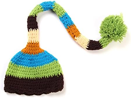 Baby Christmas Crochet ELF Long Tail Pom-pom Photo Prop Hat Party Costume (C)