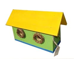 Funky Randy Birdhouse 16" Bird Double Holed Apartment House Green, Yellow, Blue Free Standing R-104