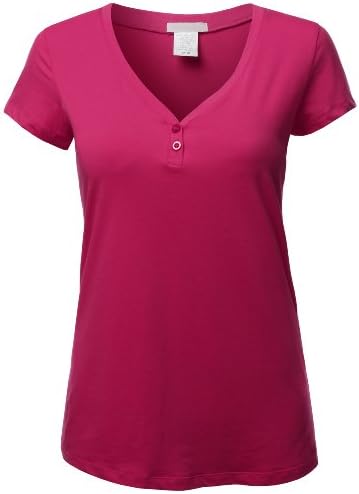 SJSP Plus Womens Basic Short Sleeve Loose Fit V-Neck Henley T-Shirt Plus Size Hotpink XXL