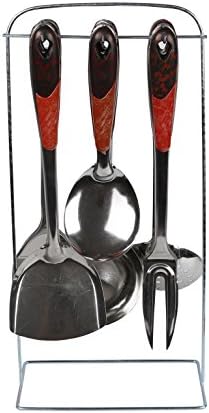 Matsuta 7 Piece Everday Essentials Stainless Steel Kitchen Tool and Gadget Set Stand with Wood Decor, Silver