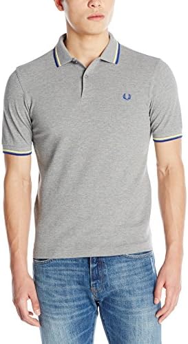 Fred Perry Men's Slim Fit Twin Tipped Polo Shirt, Steel Marl/Soft Yellow/Regal, Large