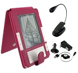 Magenta Full Genuine Leather Flip Case with Retractable USB Cable Charge Kit and Book Light for Amazon Kinde 2 (Old Version) E-Reader Reading Device (Kindle NOT Included)