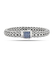 Rhodium Plated Weave Blue Sapphires Domed Bracelet In Sterling Silver With Textured Edges