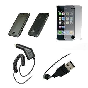 Premium Smoke Soft Silicone Gel Skin Cover Thermoplastic Polyurethane (TPU) Case + Crystal Clear Screen Protector + Rapid Car Charger + USB Data Sync Charge Cable for Apple iPhone 3G, 3G S
