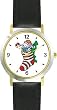 Christmas Stocking Stuffed with Bunny and Candy Cane Christmas Theme - WATCHBUDDY&reg; DELUXE TWO-TONE THEME WATCH - Arabic Numbers - Black Leather Strap-Size-Large ( Men's Size or Jumbo Women's Size )