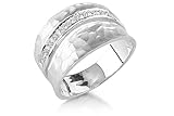 14K White Gold Matte and Hammered-Finish Hand-Crafted Designer Ring, Enhanced with Pave Set Diamonds.