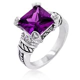 White Gold Rhodium Cable Style Ring featuring Princess Cut Amethyst CZ with Inlaid CZ Prongs in Silvertone - Size: 5-10