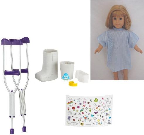 Feel Better Kit Fits 18" American Girl Dolls Like Mckenna- Hospital Gown, Crutches, Ice Pack, Bandage, Leg and Arm Cast, Hospital Id Band, and Stickers!