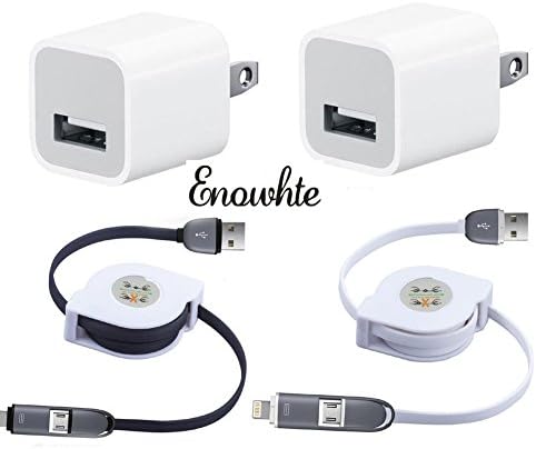 Enowhte 2pcs Travel Wall Home Charger + 2pcs Retractable Dual USB to Micro USB and Lightning Adapter Charger Data Cable Black for Android Samsung iPhone 5/5s 6/6 plus (2pack charger cable)