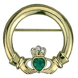 Gold Plated and Green Stone Claddagh Heart and Crown Brooch - Made in Ireland