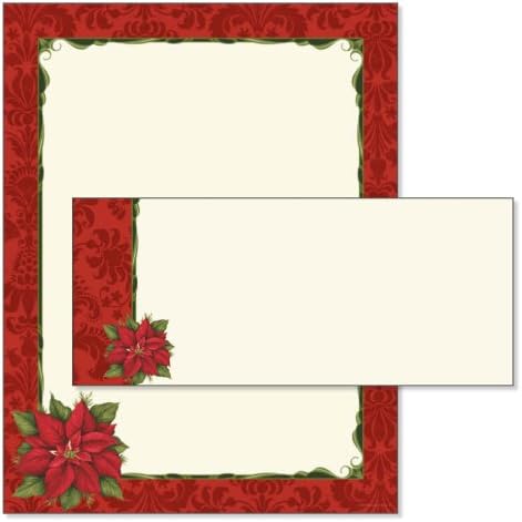 Poinsettia Damask Christmas Letter Paper and Matching Holiday Envelopes (80 Pack)