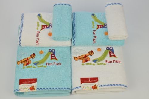 Dadya Home Textile Kids Collection Fun Park, 100 Percent Turkish Cotton 6 Pcs Towel Set, Aqua and White