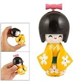 Rosallini White Flowers Yellow Kimono Smiling Girl Wooden Kokeshi 
