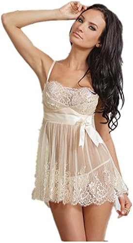 Columbustore Women's White Sheer Mini Dress Lace Babydoll Lingerie set US size