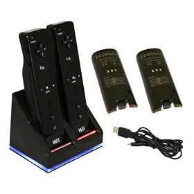 Invero Black Nintendo Wii Twin Dual Charging Station Charge Dock Stand with 2 Rechargeable Battery Packs plus LED Light for Wii Remote Control