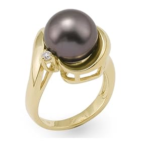 Tahitian Black Pearl Ring with Diamond in 14K Yellow Gold by