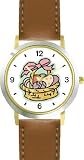 Easter Egg Basket Easter Theme - WATCHBUDDY® DELUXE TWO-TONE THEME WATCH - Arabic Numbers - Brown Leather Strap-Children's Size-Small ( Boy's Size & Girl's Size )