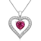 Sterling Silver with Created Pink Sapphire Inner Heart and Round White Sapphires In The Outer Heart Pendant, 18