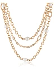 Majorica 10 mm White Round Pearls Gold Toned 3 Row Chain Necklace, 19"