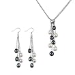4-Strand Silver Heart Crystal Black/White Cultured Pearl Lariat with Black/White Dangle Earrings Set