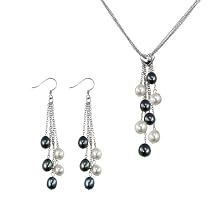 4-Strand Silver Heart Crystal Black/White Cultured Pearl Dangle Earrings Set