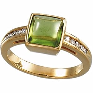 0.16 Ct.T.W. Sparkling Round Cut Diamonds, 14Kt. Yellow Gold. Cabochon Peridot and Diamond Ring
