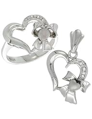 Sterling Silver Heart w/ Bow Heart Ring & Pendant Set CZ Stones Rhodium Finished