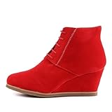 Damen Schuhe, STIEFELETTEN, KEIL WEDGES SCHNÜR BOOTS, Q99-5, Synthetik in hochwertiger Velour Leder Optik, Rot, Gr 40