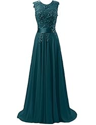 A-line  Applique Lace-Up Sheer Beaded Chiffon Cap Sleeves Evening Dress/Prom Dress/Party Dress  with a Brush/Sweep Train  With Ruffles