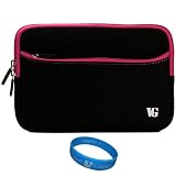 Portable Scratch Resistant Jet Neoprene Protective Glove Cover Carrying Case with Extra Accessories Storage Pocket for Velocity Micro Cruz Digital Reader, Barnes & Noble Nook Color eReader, Kindle 2, and Augen 7-Inch E-Reader with Text-to-Speech (EBA701), Pink Trim