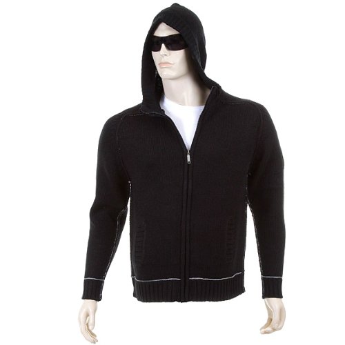 Thug or Angel Men's Jet Black collection, knitted black hooded zip-up cardigan. JBLK3948