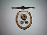 VINTAGE Costume Jewelry -- Necklace, Bracelet, Earrings, Broach/Pin Set ?Gold with Blue Stones -- as shown