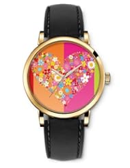 SPRAWL Aanalog Fashion Series Gold Ladies Watches of Genuine Black Leather Strap,Unique Wrist Watch for Women Girls Designed with Heart full of colorful flowers