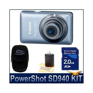 Canon Powershot SD940IS Blue 12.1MP Digital ELPH Camera with 4x Wide Angle Optical Image Stabilized Zoom and 2.7-inch LCD Bundle w/ 2GB SD Memory, Case and Lens Cleaning Kit