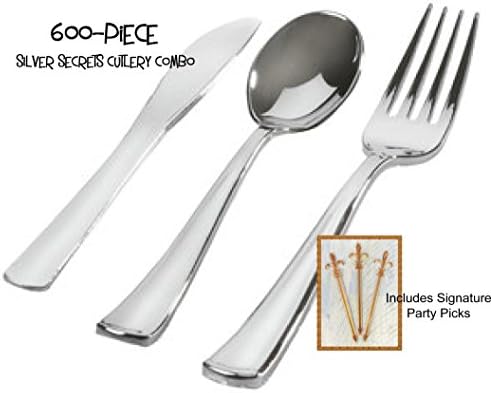 Silver Plastic Cutlery 600-PIECE Combo Pack, Glimmerware, Includes 300 Forks (double forks), 150 Knives, 150 Spoons w/Signature Party Picks