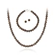 Sterling Silver 5.5-6mm Genuine Freshwater Cultured Brown Pearl Necklace Bracelet & Stud Earring Set