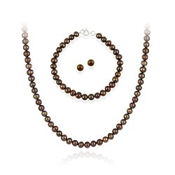 Sterling Silver 5.5-6mm Genuine Freshwater Cultured Brown Pearl Necklace Bracelet & Stud Earring Set