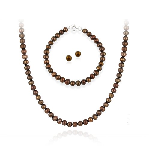 Sterling Silver 5.5-6mm Genuine Freshwater Cultured Brown Pearl Necklace Bracelet & Stud Earring Set