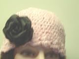 Cp155, Hand Crocheted Pink Chenille Gimp Tweed Skull Cap with One Pinned Red Silk Flower for Women and Teens